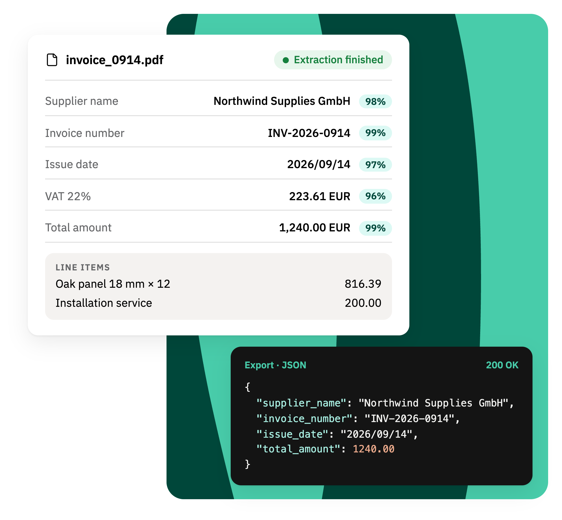 An invoice read by Typless field by field with a confidence score for each value, and the same data exported as JSON