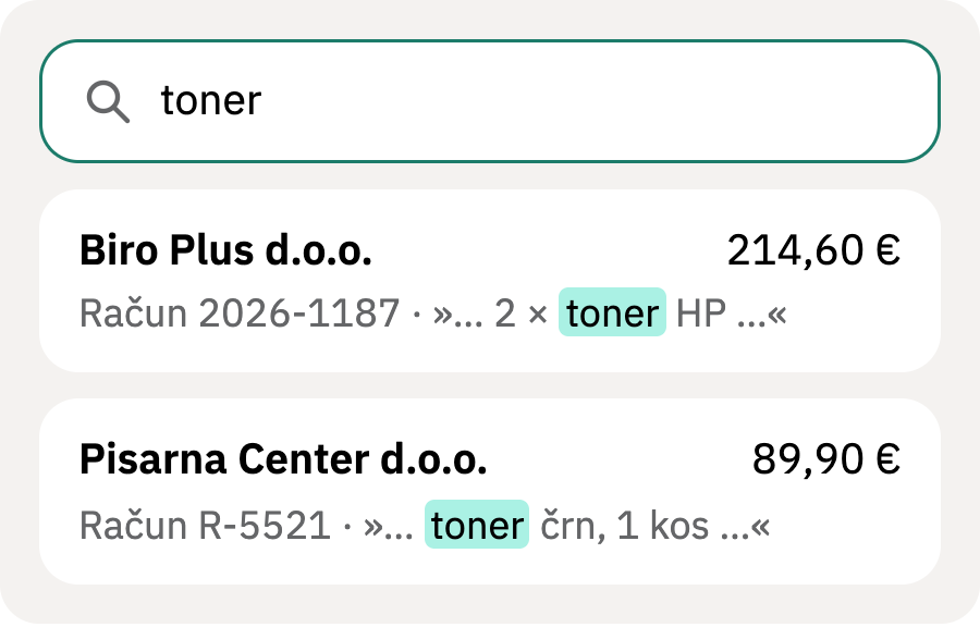 Iskanje »toner« najde dva računa, kjer se beseda pojavi v postavkah