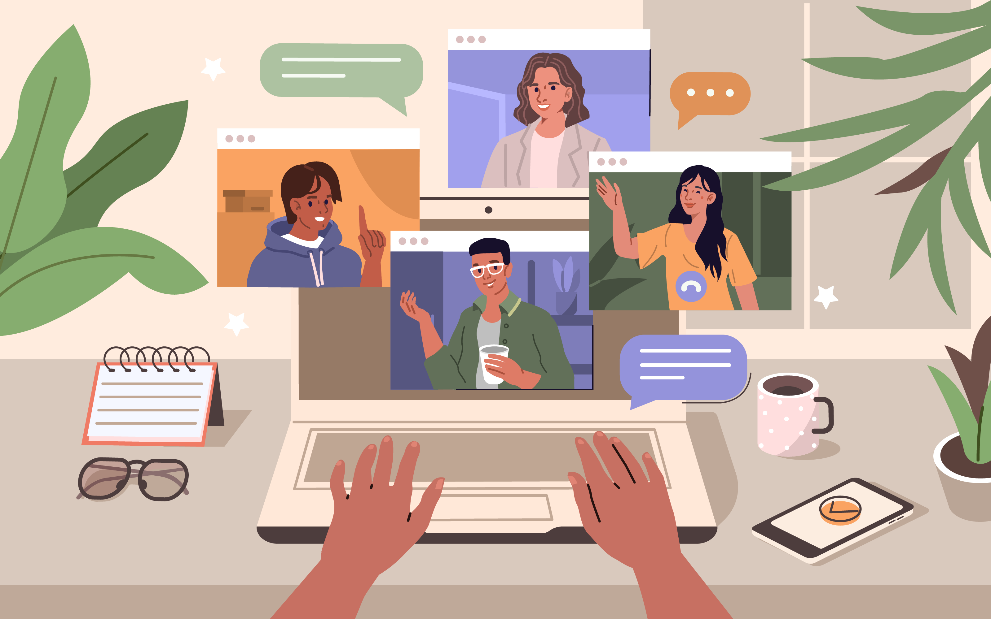 There's a person talking online with their team on the illustration, representing online communication when working remotely.